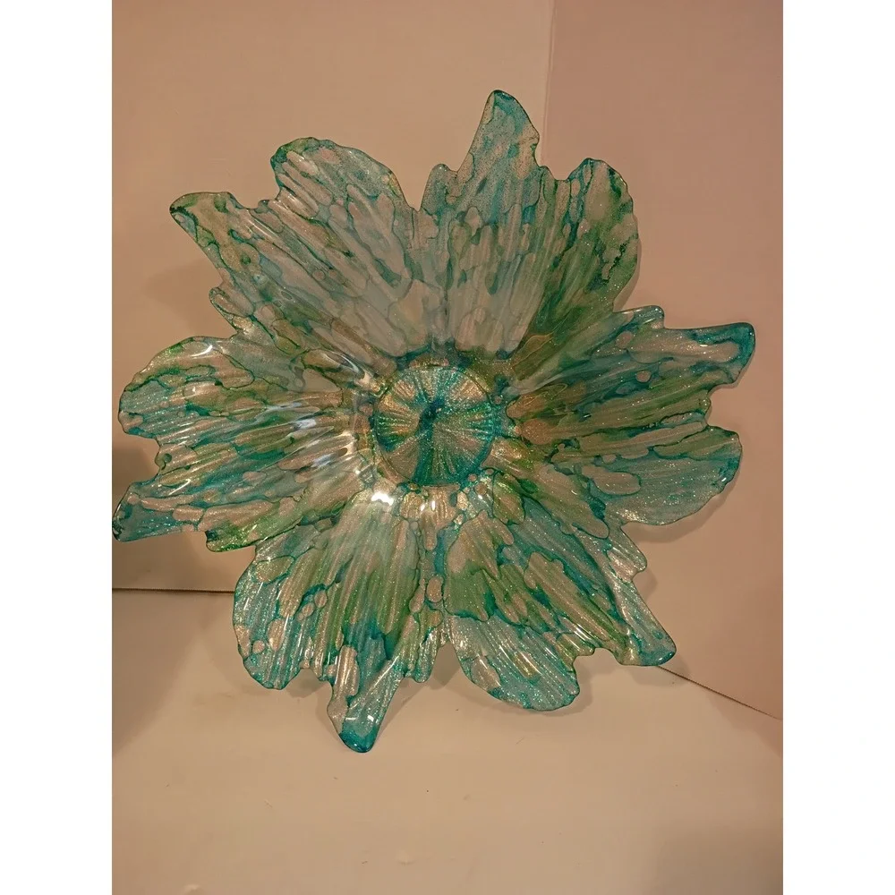 Teal and Silver Glitter Glass Flower Centerpiece Bowl Decorative Scalloped Dish
